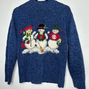 MARISA CHRISTINA VINTAGE CHRISTMAS SWEATER BLUE WITH THREEE SNOWMAN EMBROIDERED